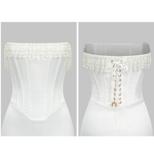 New Beaded Pearl Lace-Up Ivory Corset‎ Dress Strapless Midi Dress Size Medium